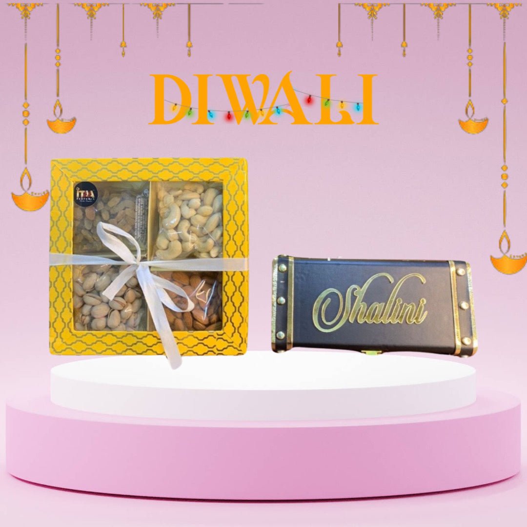 Customized Name Perfume Gift Set And Dry Fruit Box Worth Rs 500 FREE